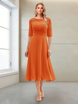 A-Line/Princess Scoop Half Sleeves Tea-Length Mother of the Bride Dresses with Ruched