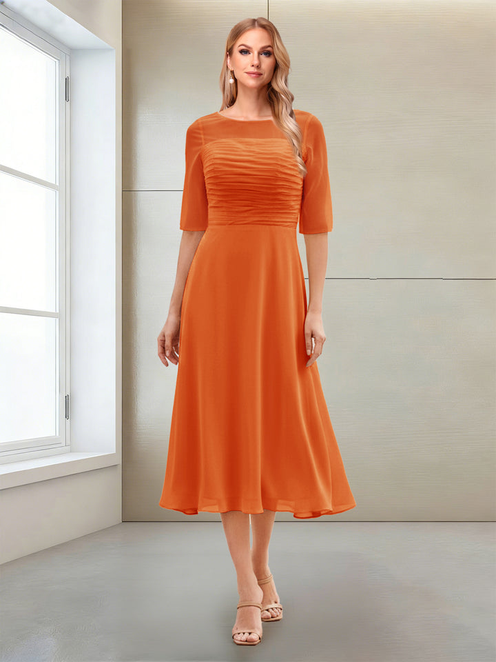 A-Line/Princess Scoop Half Sleeves Tea-Length Mother of the Bride Dresses with Ruched