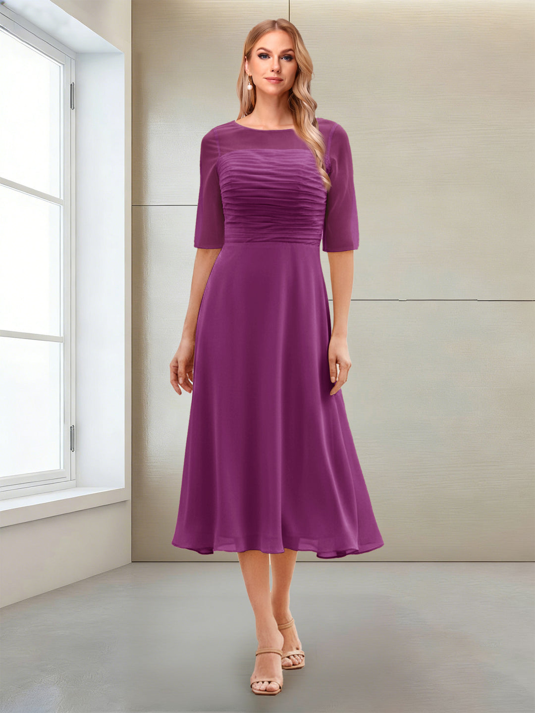 A-Line/Princess Scoop Half Sleeves Tea-Length Mother of the Bride Dresses with Ruched