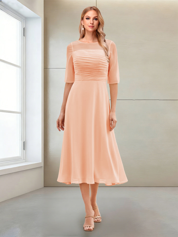 A-Line/Princess Scoop Half Sleeves Tea-Length Mother of the Bride Dresses with Ruched
