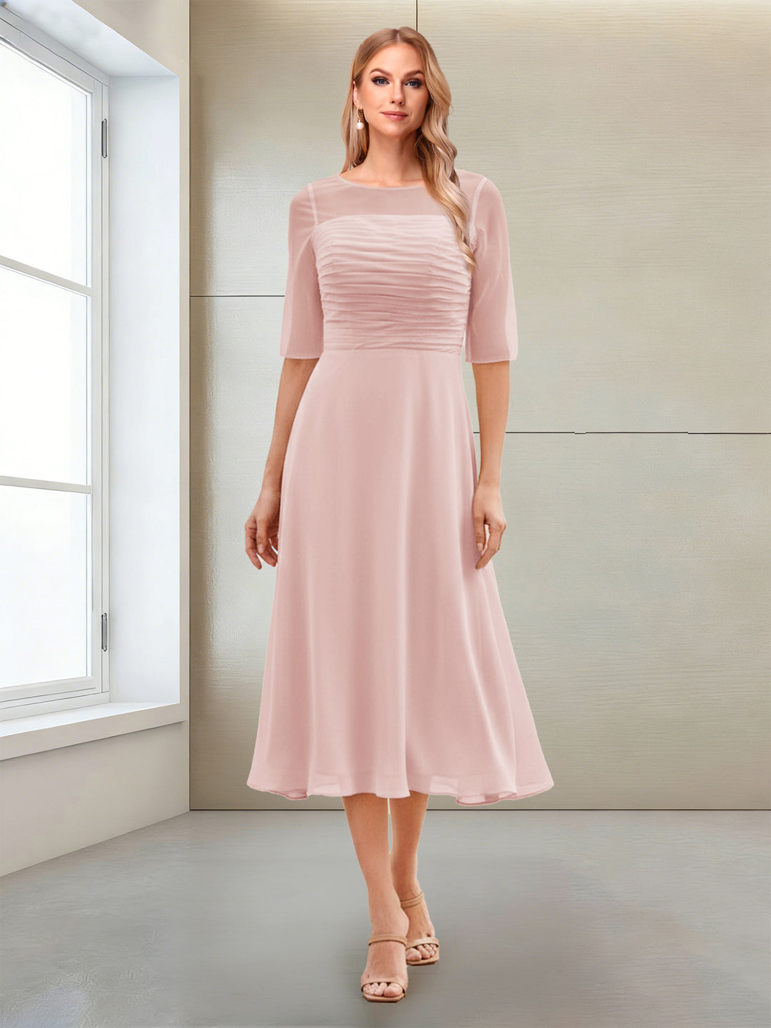 A-Line/Princess Scoop Half Sleeves Tea-Length Mother of the Bride Dresses with Ruched