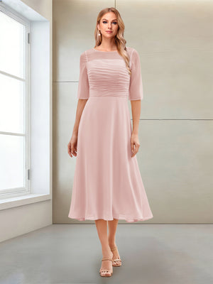 A-Line/Princess Scoop Half Sleeves Tea-Length Mother of the Bride Dresses with Ruched
