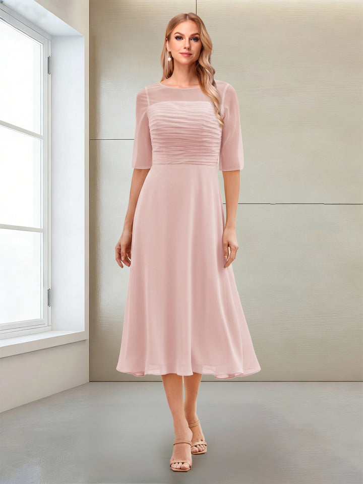 A-Line/Princess Scoop Half Sleeves Tea-Length Mother of the Bride Dresses with Ruched