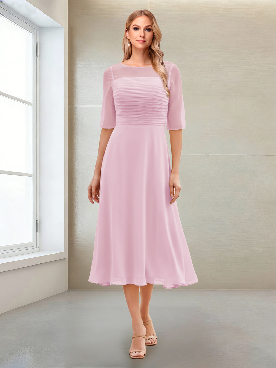 A-Line/Princess Scoop Half Sleeves Tea-Length Mother of the Bride Dresses with Ruched