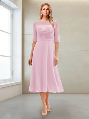 A-Line/Princess Scoop Half Sleeves Tea-Length Mother of the Bride Dresses with Ruched