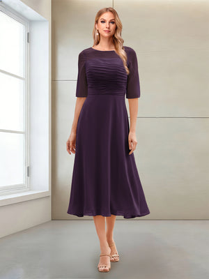 A-Line/Princess Scoop Half Sleeves Tea-Length Mother of the Bride Dresses with Ruched