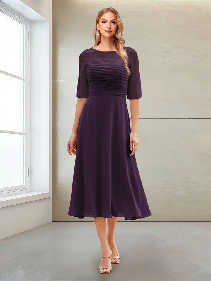 A-Line/Princess Scoop Half Sleeves Tea-Length Mother of the Bride Dresses with Ruched