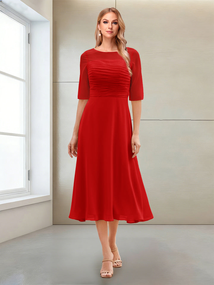 A-Line/Princess Scoop Half Sleeves Tea-Length Mother of the Bride Dresses with Ruched