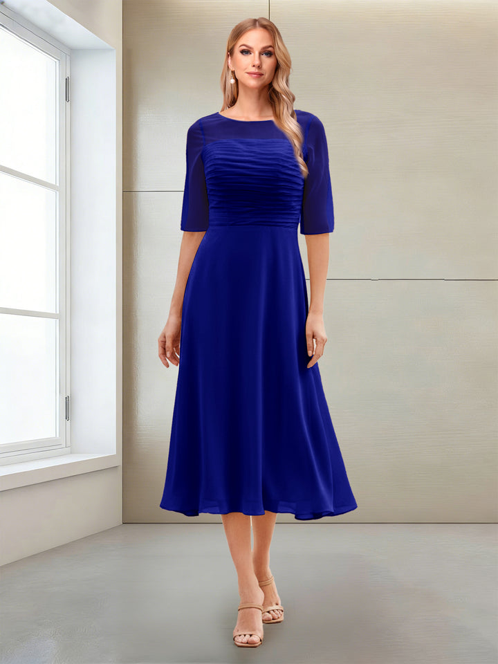A-Line/Princess Scoop Half Sleeves Tea-Length Mother of the Bride Dresses with Ruched