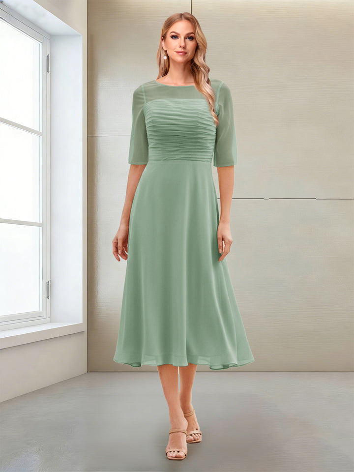 A-Line/Princess Scoop Half Sleeves Tea-Length Mother of the Bride Dresses with Ruched