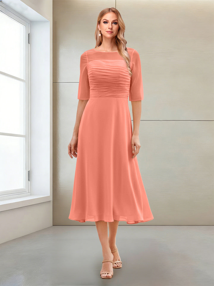 A-Line/Princess Scoop Half Sleeves Tea-Length Mother of the Bride Dresses with Ruched