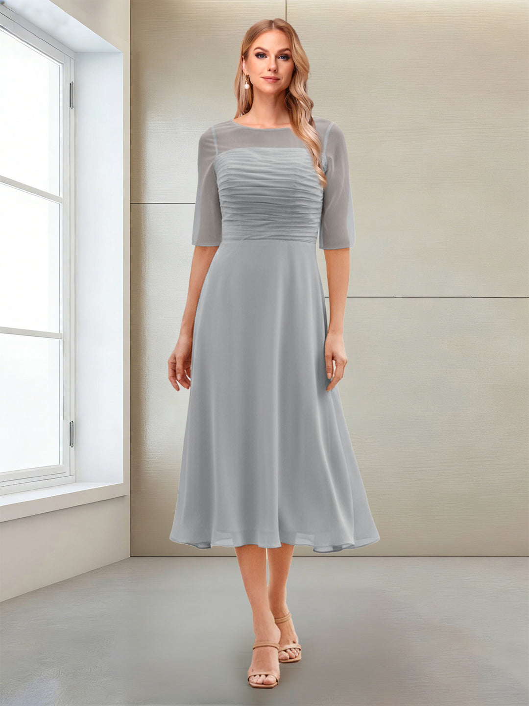 A-Line/Princess Scoop Half Sleeves Tea-Length Mother of the Bride Dresses with Ruched