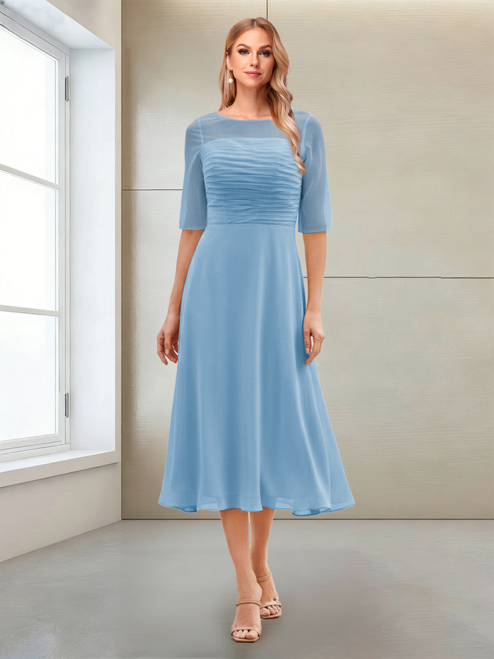 A-Line/Princess Scoop Half Sleeves Tea-Length Mother of the Bride Dresses with Ruched