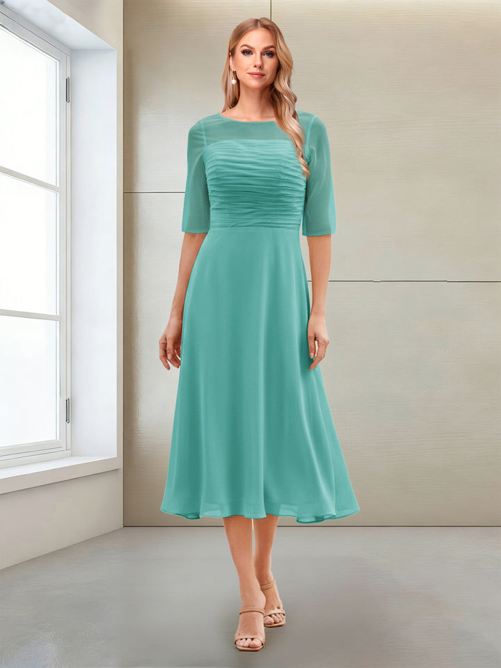 A-Line/Princess Scoop Half Sleeves Tea-Length Mother of the Bride Dresses with Ruched