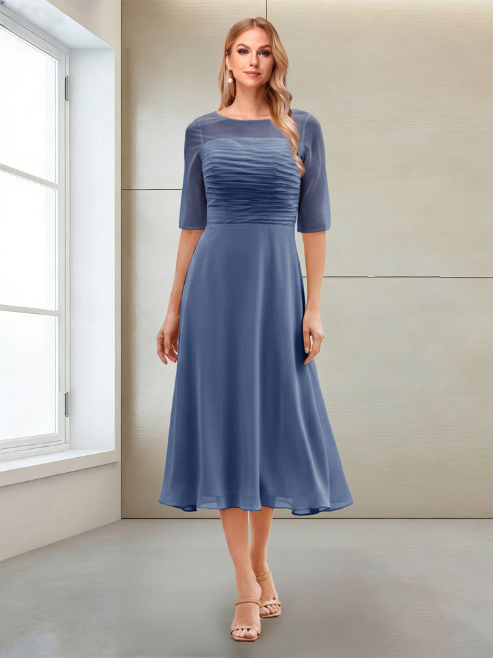 A-Line/Princess Scoop Half Sleeves Tea-Length Mother of the Bride Dresses with Ruched