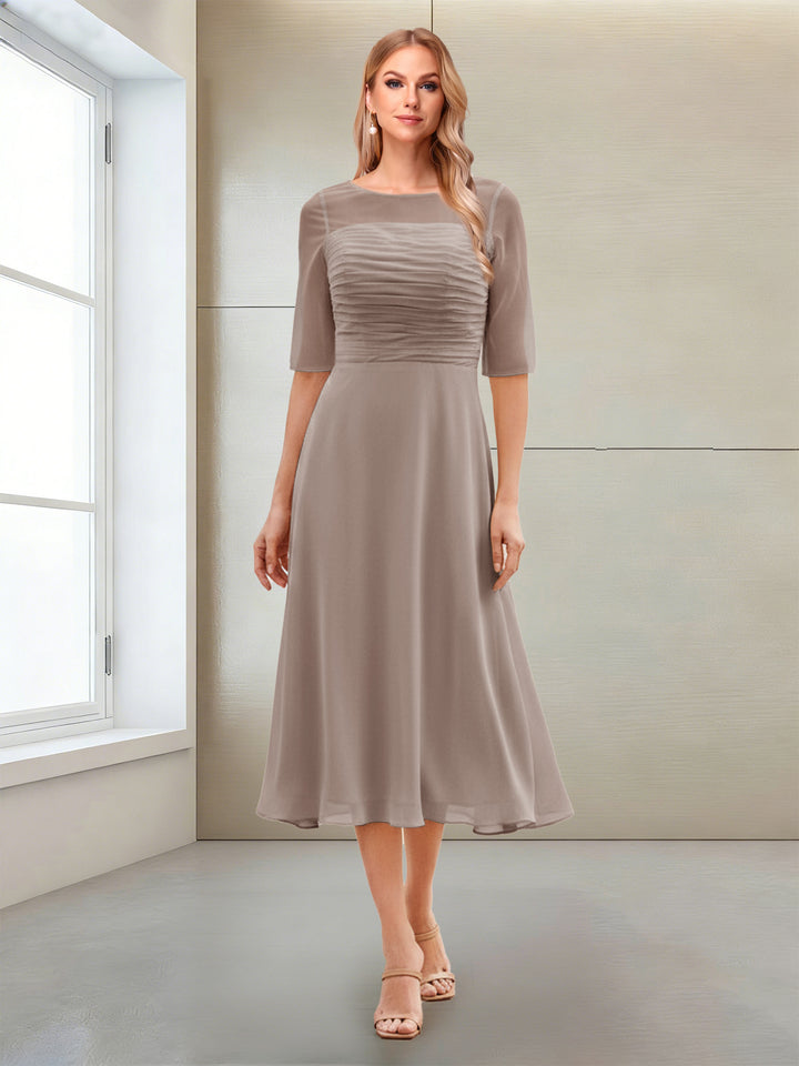 A-Line/Princess Scoop Half Sleeves Tea-Length Mother of the Bride Dresses with Ruched