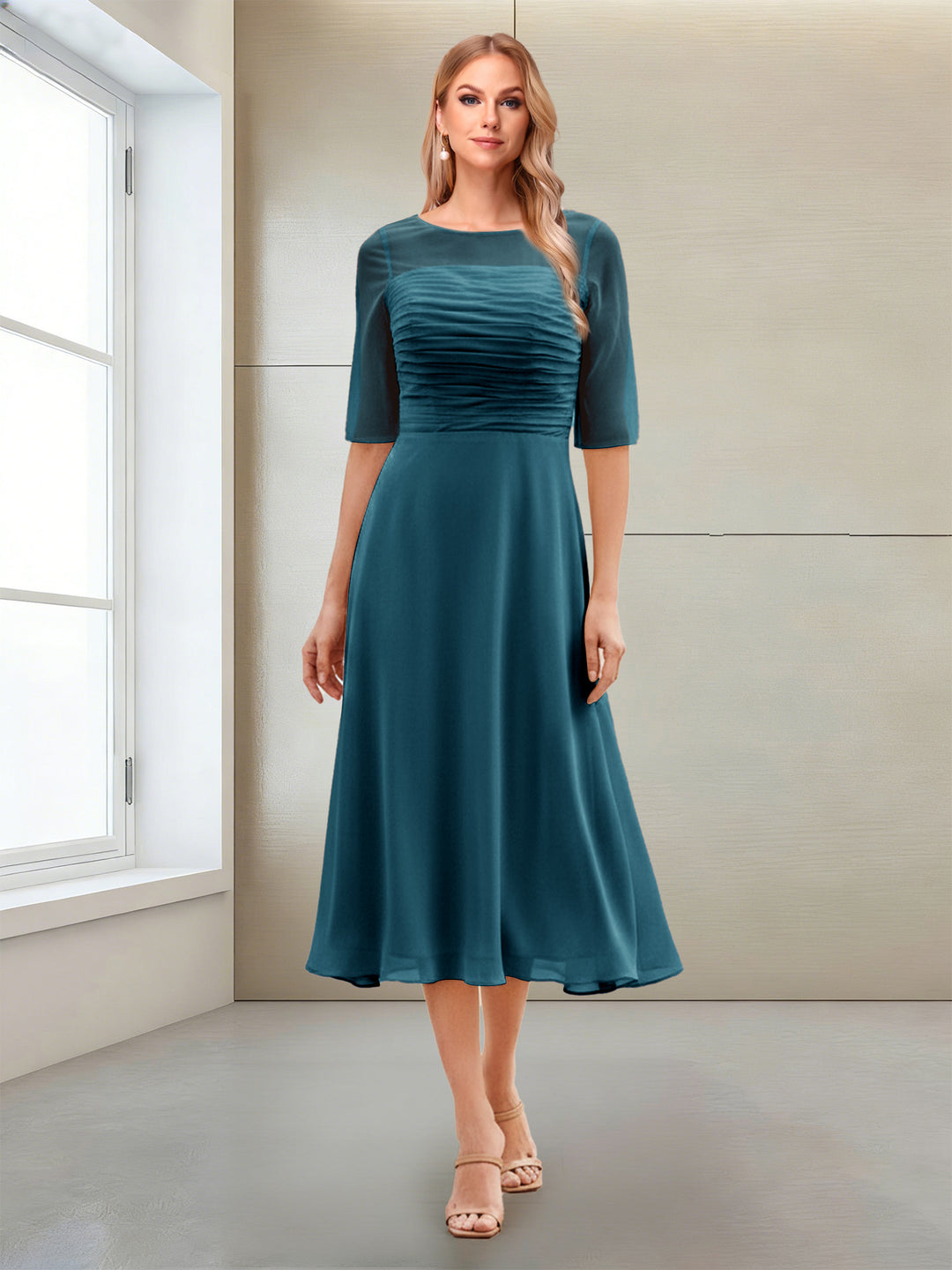 A-Line/Princess Scoop Half Sleeves Tea-Length Mother of the Bride Dresses with Ruched