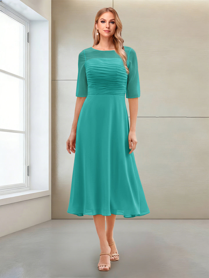 A-Line/Princess Scoop Half Sleeves Tea-Length Mother of the Bride Dresses with Ruched