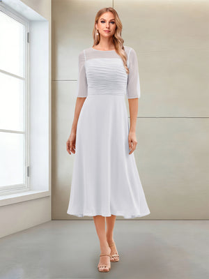 A-Line/Princess Scoop Half Sleeves Tea-Length Mother of the Bride Dresses with Ruched