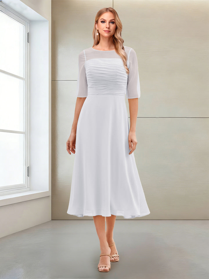 A-Line/Princess Scoop Half Sleeves Tea-Length Mother of the Bride Dresses with Ruched