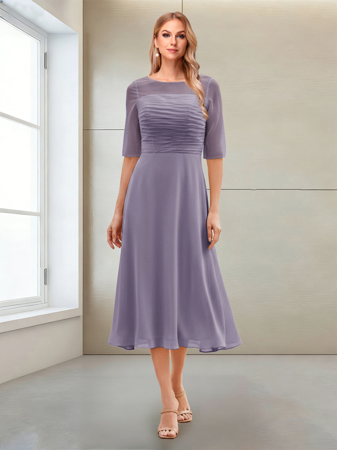 A-Line/Princess Scoop Half Sleeves Tea-Length Mother of the Bride Dresses with Ruched