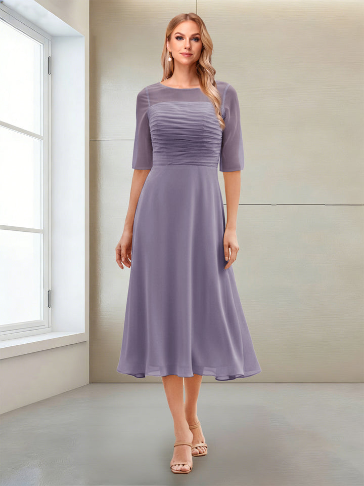A-Line/Princess Scoop Half Sleeves Tea-Length Mother of the Bride Dresses with Ruched