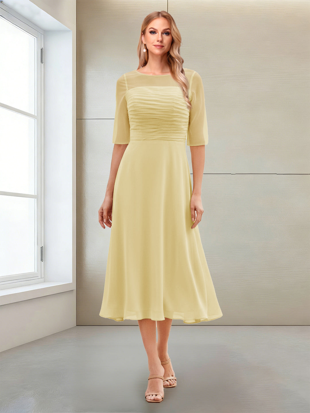 A-Line/Princess Scoop Half Sleeves Tea-Length Mother of the Bride Dresses with Ruched
