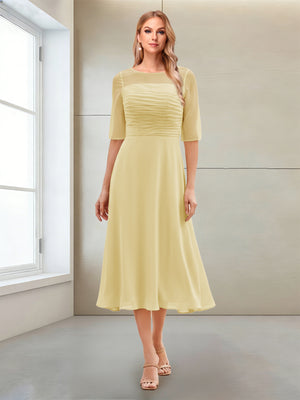 A-Line/Princess Scoop Half Sleeves Tea-Length Mother of the Bride Dresses with Ruched