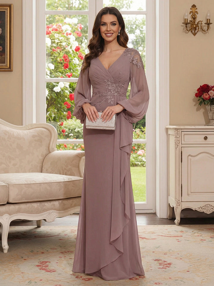Sheath/Column V-Neck Long Sleeves Floor-Length Mother of the Bride Dresses with Lace &amp; Applique