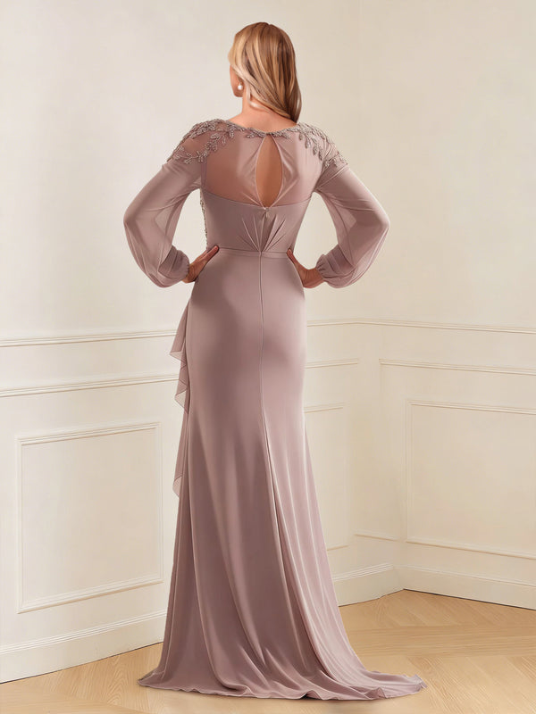 Sheath/Column V-Neck Long Sleeves Floor-Length Mother of the Bride Dresses with Lace & Applique
