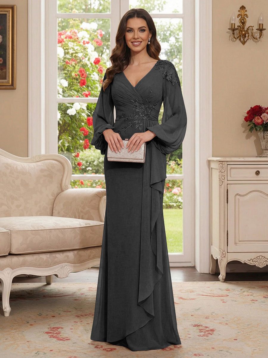 Sheath/Column V-Neck Long Sleeves Floor-Length Mother of the Bride Dresses with Lace &amp; Applique