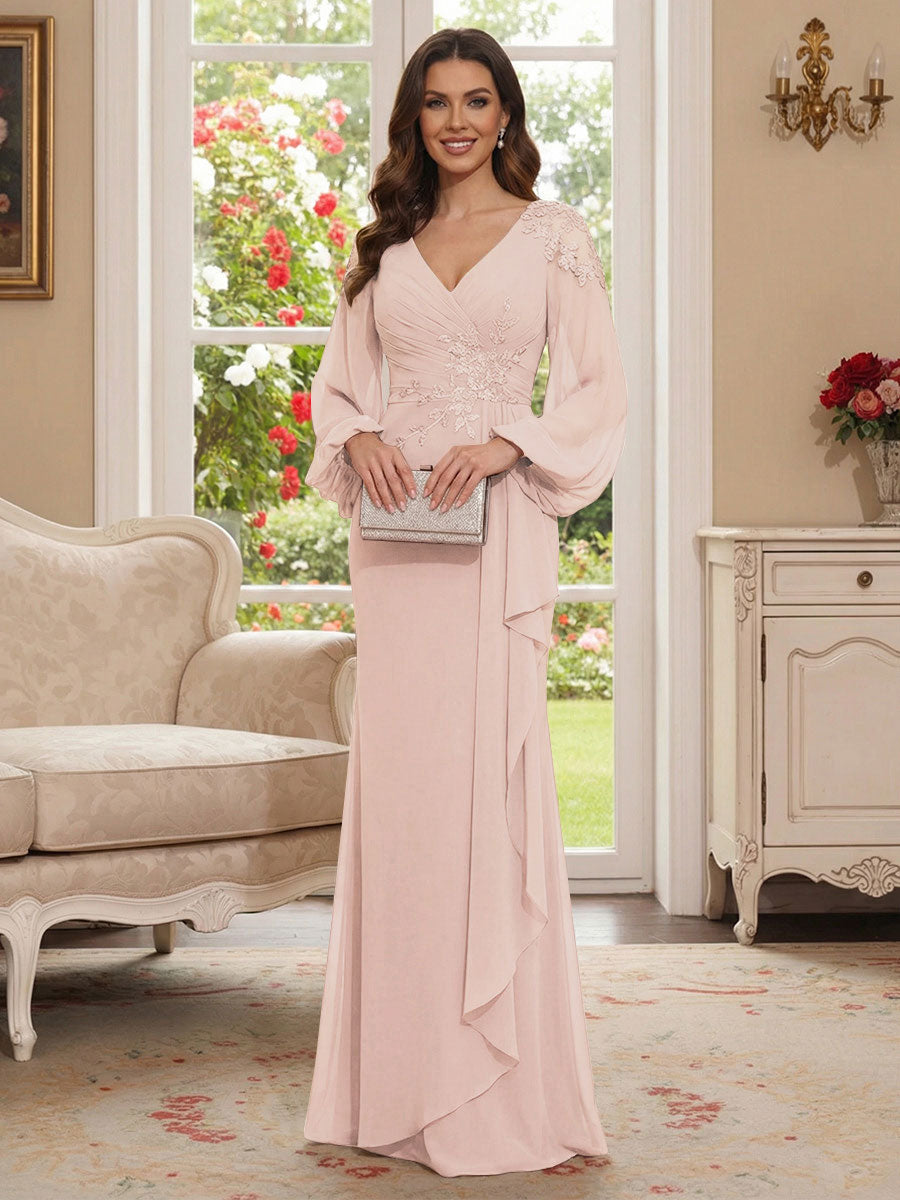 Sheath/Column V-Neck Long Sleeves Floor-Length Mother of the Bride Dresses with Lace &amp; Applique