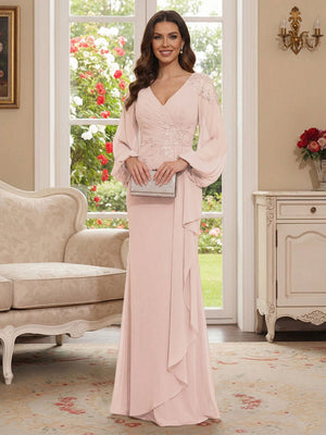 Sheath/Column V-Neck Long Sleeves Floor-Length Mother of the Bride Dresses with Lace & Applique