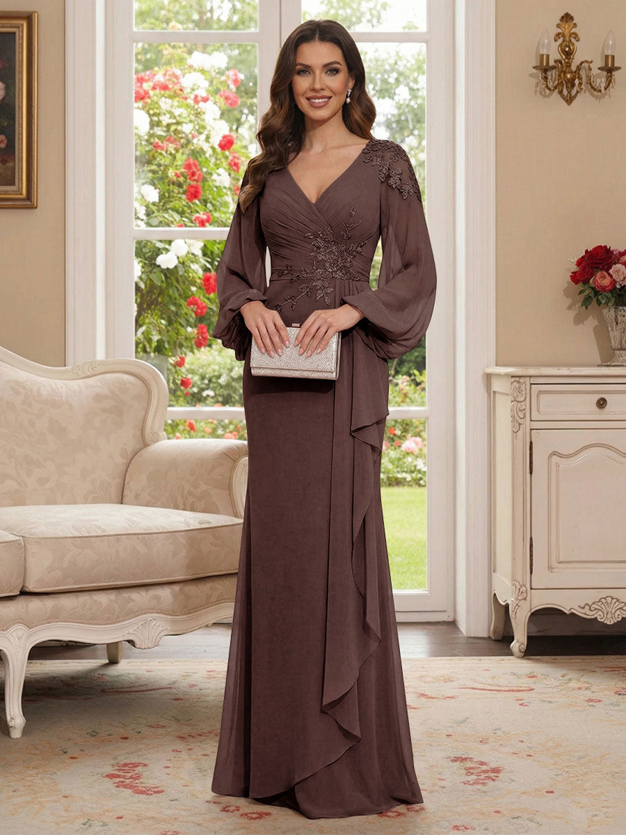 Sheath/Column V-Neck Long Sleeves Floor-Length Mother of the Bride Dresses with Lace &amp; Applique