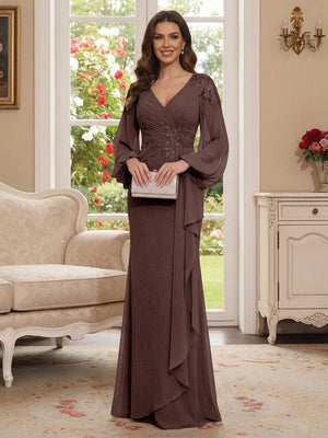 Sheath/Column V-Neck Long Sleeves Floor-Length Mother of the Bride Dresses with Lace & Applique