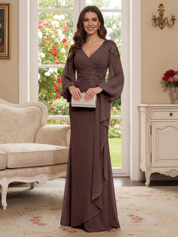 Sheath/Column V-Neck Long Sleeves Floor-Length Mother of the Bride Dresses with Lace &amp; Applique