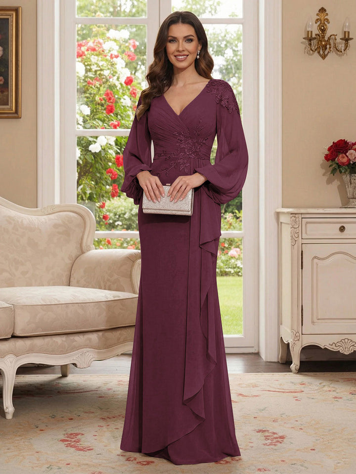 Sheath/Column V-Neck Long Sleeves Floor-Length Mother of the Bride Dresses with Lace &amp; Applique