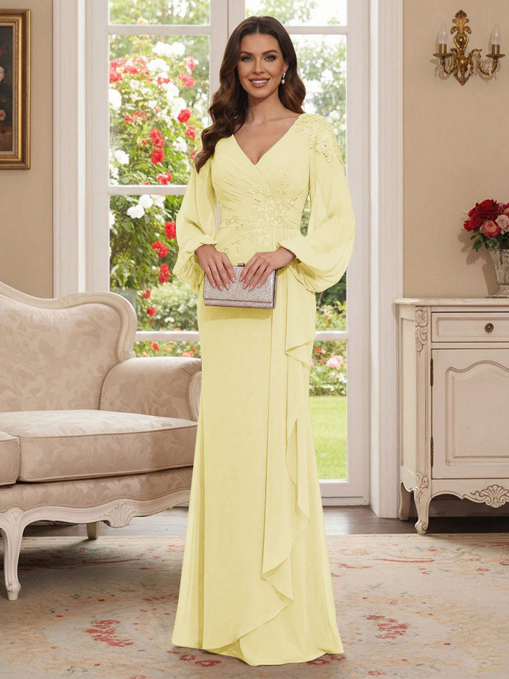 Sheath/Column V-Neck Long Sleeves Floor-Length Mother of the Bride Dresses with Lace &amp; Applique
