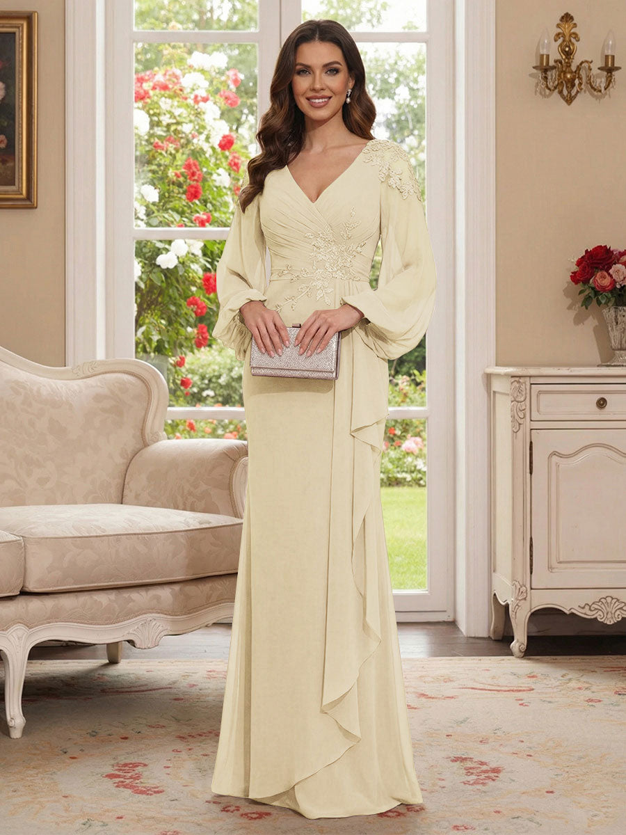 Sheath/Column V-Neck Long Sleeves Floor-Length Mother of the Bride Dresses with Lace &amp; Applique