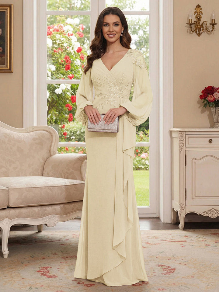 Sheath/Column V-Neck Long Sleeves Floor-Length Mother of the Bride Dresses with Lace &amp; Applique