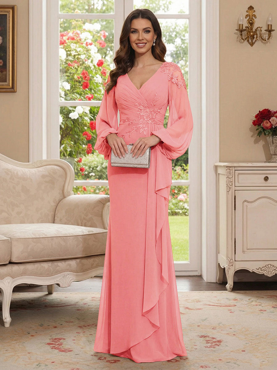 Sheath/Column V-Neck Long Sleeves Floor-Length Mother of the Bride Dresses with Lace &amp; Applique