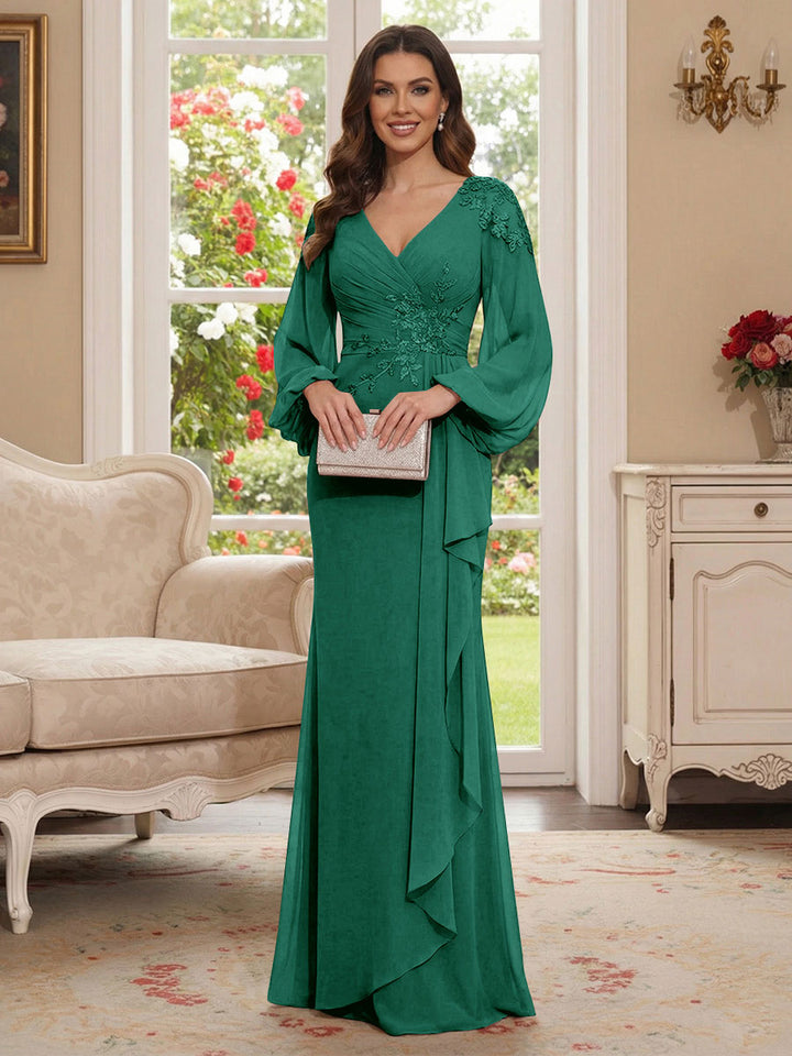 Sheath/Column V-Neck Long Sleeves Floor-Length Mother of the Bride Dresses with Lace &amp; Applique
