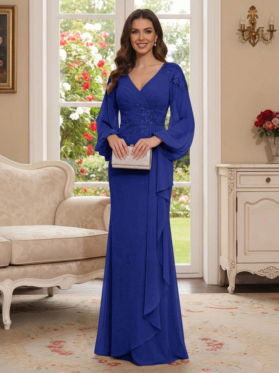 Sheath/Column V-Neck Long Sleeves Floor-Length Mother of the Bride Dresses with Lace &amp; Applique