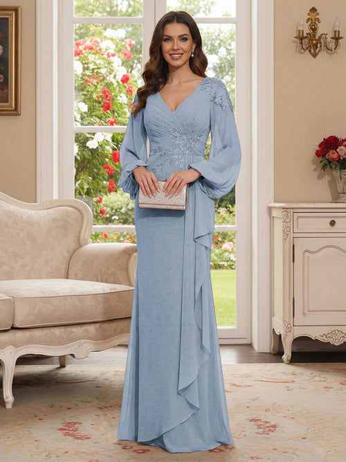 Sheath/Column V-Neck Long Sleeves Floor-Length Mother of the Bride Dresses with Lace & Applique