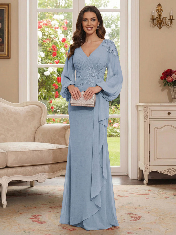 Sheath/Column V-Neck Long Sleeves Floor-Length Mother of the Bride Dresses with Lace &amp; Applique