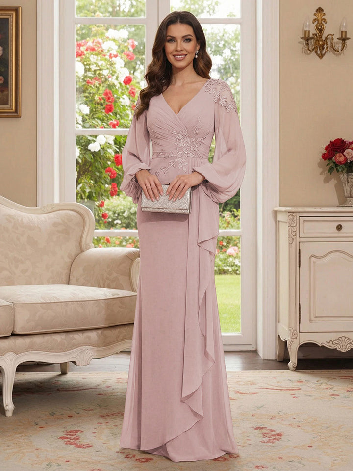 Sheath/Column V-Neck Long Sleeves Floor-Length Mother of the Bride Dresses with Lace &amp; Applique