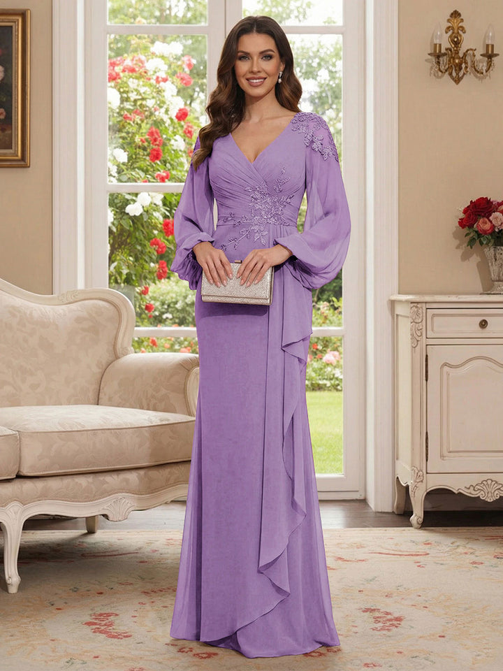 Sheath/Column V-Neck Long Sleeves Floor-Length Mother of the Bride Dresses with Lace &amp; Applique