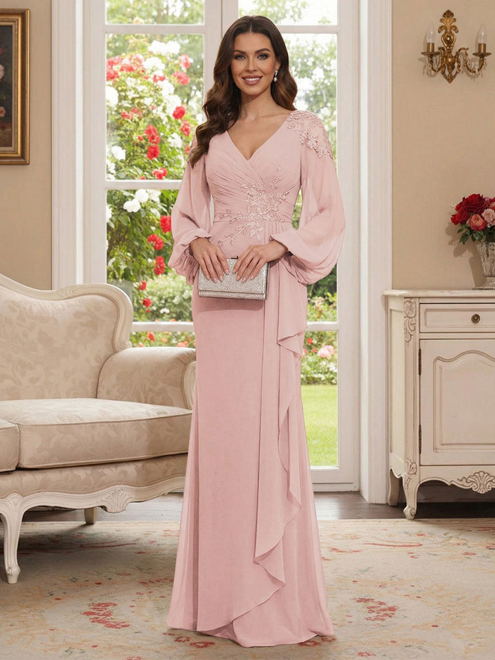 Sheath/Column V-Neck Long Sleeves Floor-Length Mother of the Bride Dresses with Lace &amp; Applique