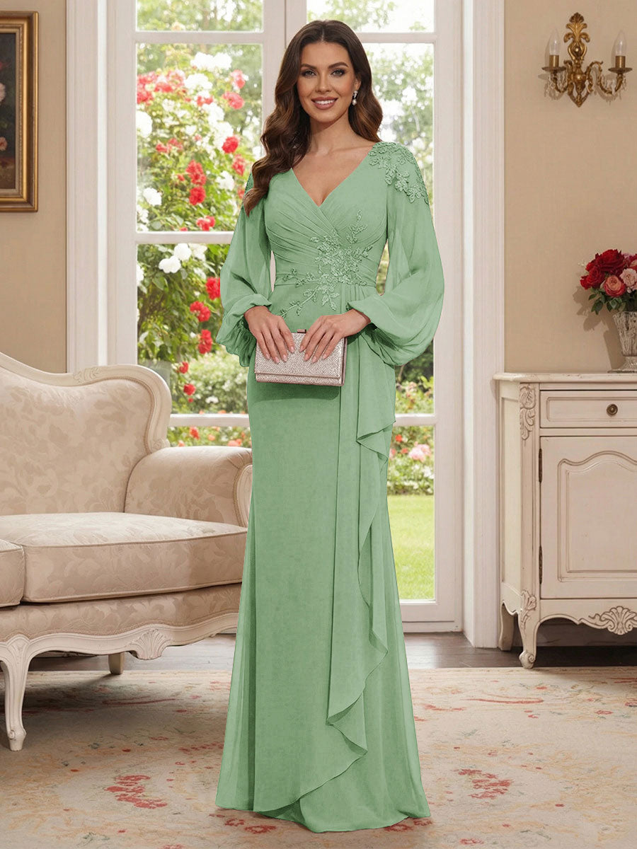 Sheath/Column V-Neck Long Sleeves Floor-Length Mother of the Bride Dresses with Lace &amp; Applique