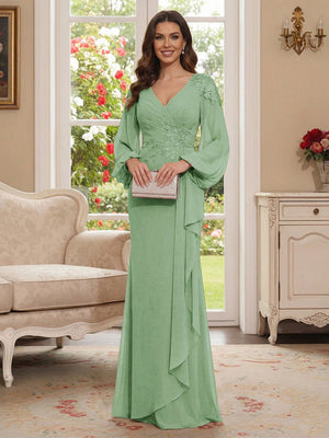 Sheath/Column V-Neck Long Sleeves Floor-Length Mother of the Bride Dresses with Lace & Applique